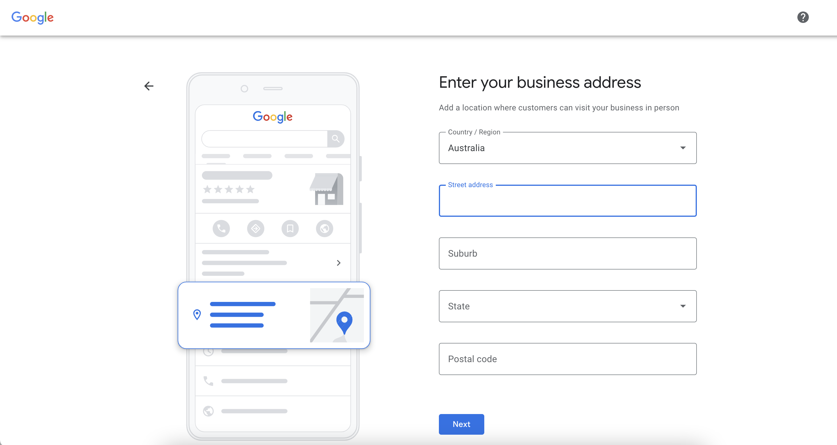 Enter your Business Address when setting up your Google Business Profile