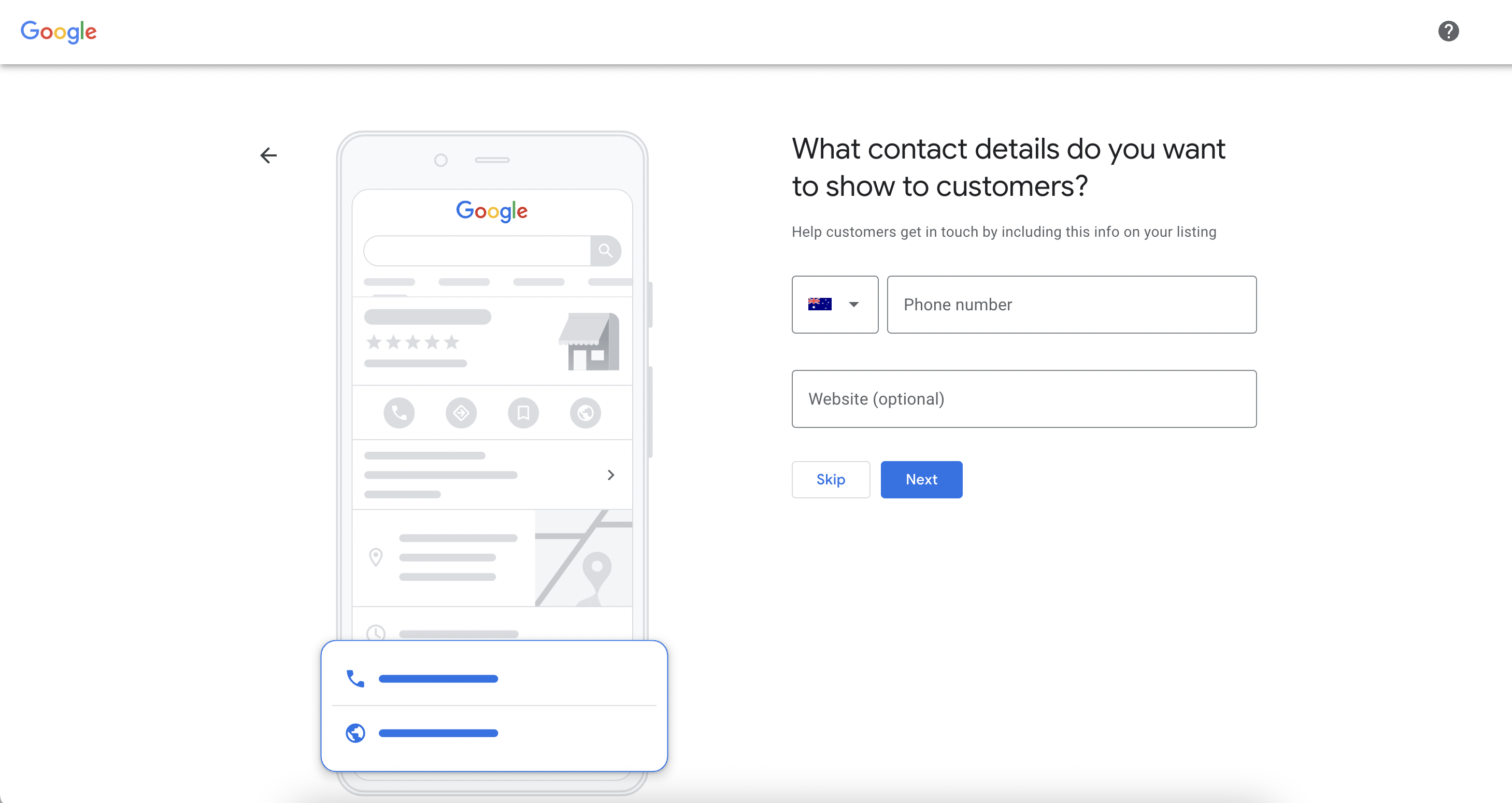 Enter your phone number and website when setting up your Google Business Profile