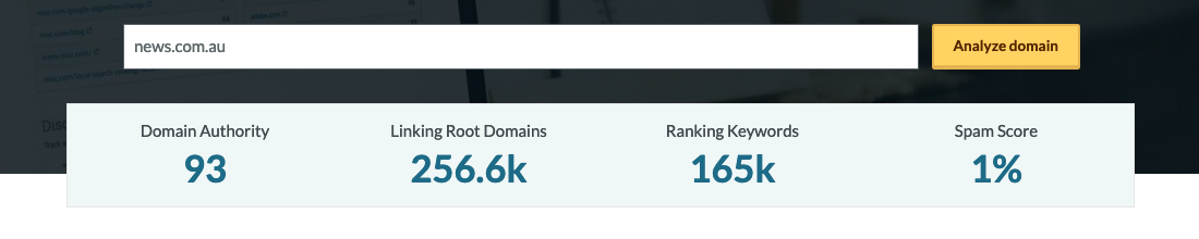 Screenshot of Moz’s free domain SEO analysis tool.